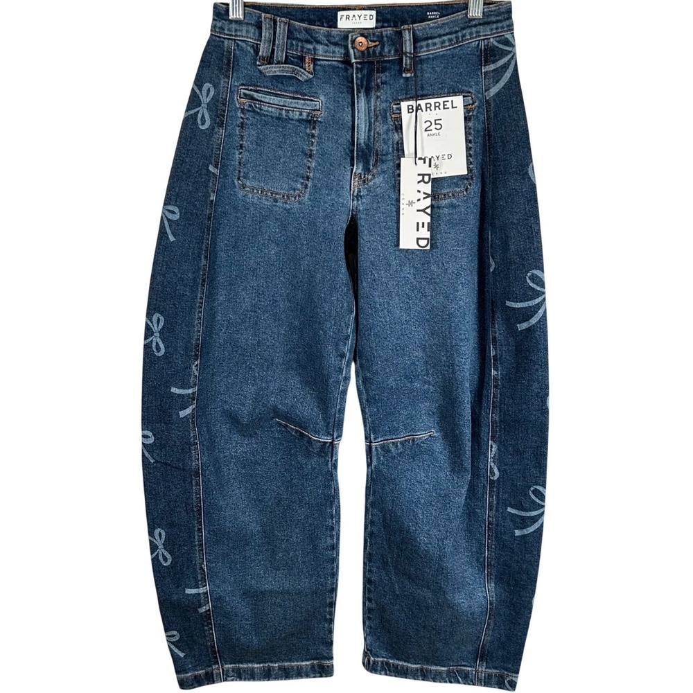 Frayed Jeans Womens 25 Barrel Ankle Bow Print High Rise Patch Pocket Denim Blue